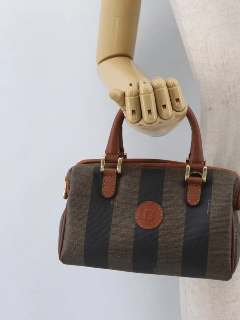 FENDI Pecan Canvas Mini Hand Bag PVC Brown Black Auth mr2003